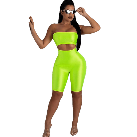 Sexy Rompers Womens Jumpsuit Neon Pink Party Club Strapless Cutout Bodycon Bandage Jumpcostumes Shorts Playsuit
