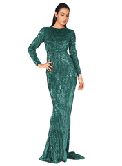 Flash Green O-Neck High Waist Fishtail Shape Pleated Sequined Stretchy Party Long Dress