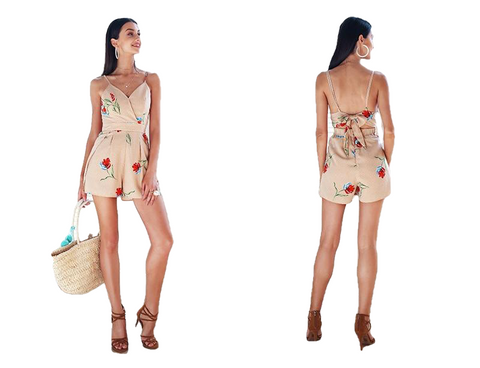 Boho Style Sexy Women's V-neck Backless Tie Up Playsuit With Floral Print