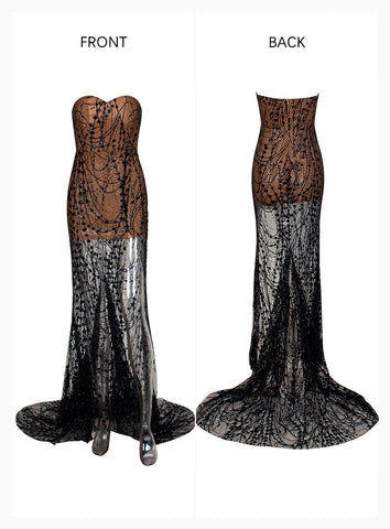 Sexy Black Strapless Cut Out Geometric Element Glitter Glued Material Maxi Dress For Femmes