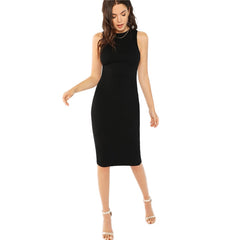 Black Bodycon Elegant Office Ladies Work Wear Dress Women Solid Sleeveless Knee Length Pencil Slim Midi Party Dresses - Sheseelady