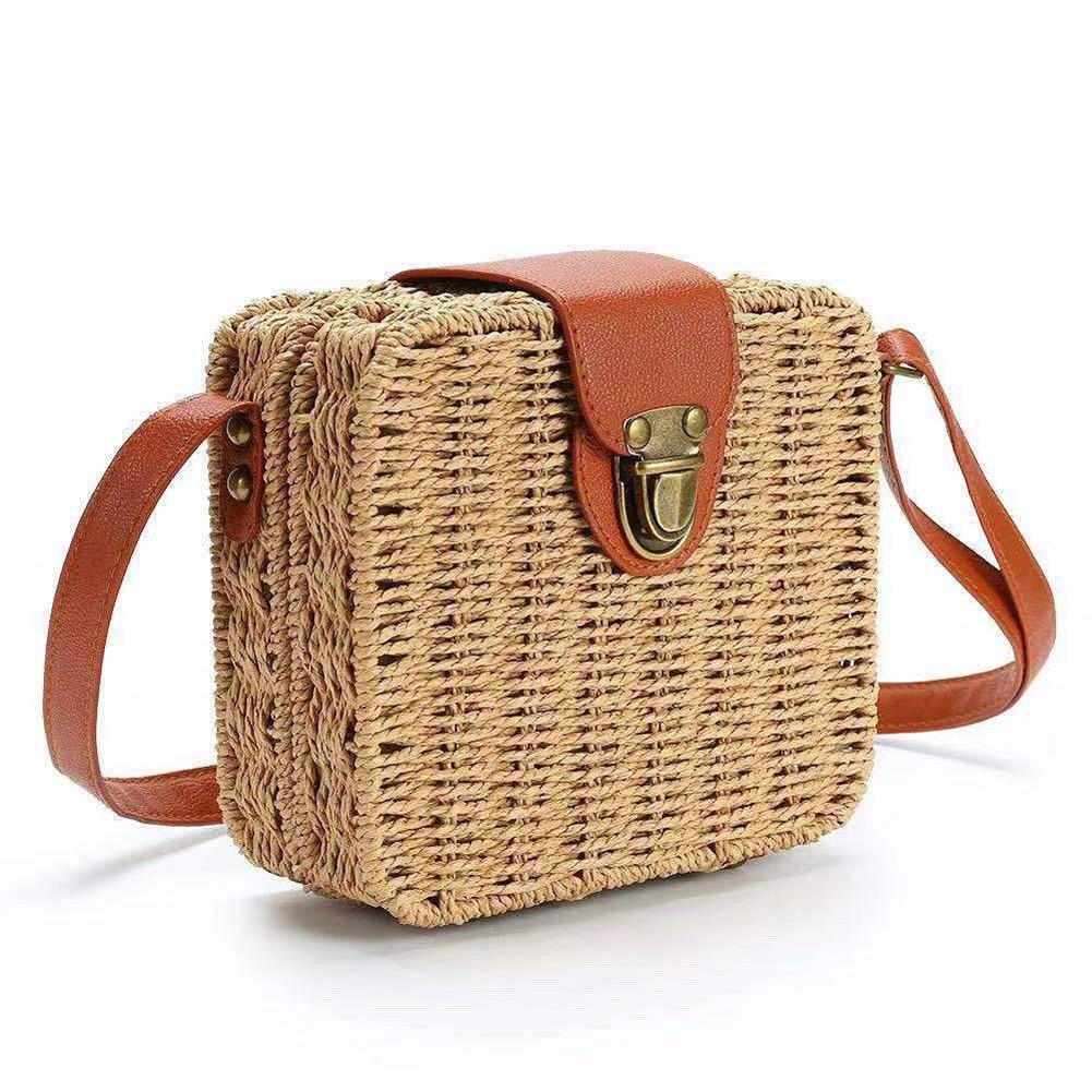 Fashionable Ladies' Square Rattan Woven Crossbody Bag