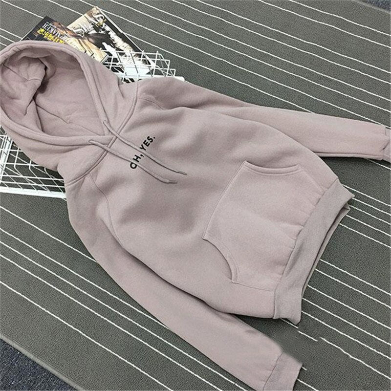 Casual Coat Autumn Winter Fleece Oh Yes Letter Print Pullover Thick Loose Hoodies Sweatshirts For Women