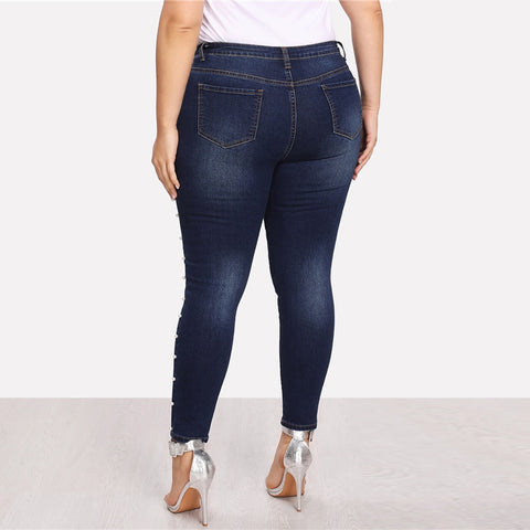 וינטאג' כחול פנינים חרוזים מזדמנים ג'ינס ג'ינס כיס סקיני נשים