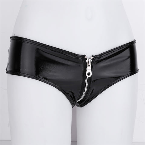 Fashionable Sexy Women's Zipper Open Crotch Leather Panties