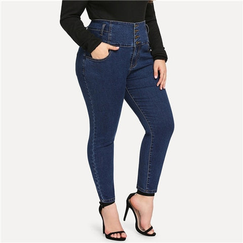 Plus Size Single Breasted High Waist Spring Casual Double Pocket Stretchy Pants For Women