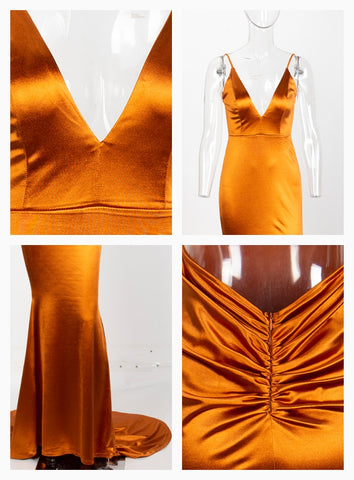 Flash Sexy Women's Deep V-neck Open Back Spaghetti Strap Slim Long Dress