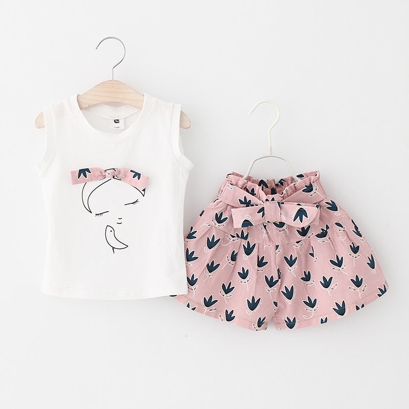 Clothing Sets Children Clothing Sleeveless Bow T-Shirt+Print Pants 2Pcs For Kids Clothing Sets Baby Girl Suit - Sheseelady