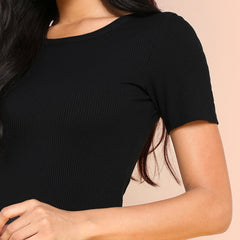 Black Minimalist Solid Form Fitting Bodysuit Casual O-Neck Short Sleeve Skinny Bodysuit Women Summer Tshirt Bodysuits - Sheseelady