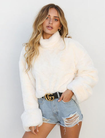 Trendy Casual Women's Thick Faux Fur Turtleneck Sweater