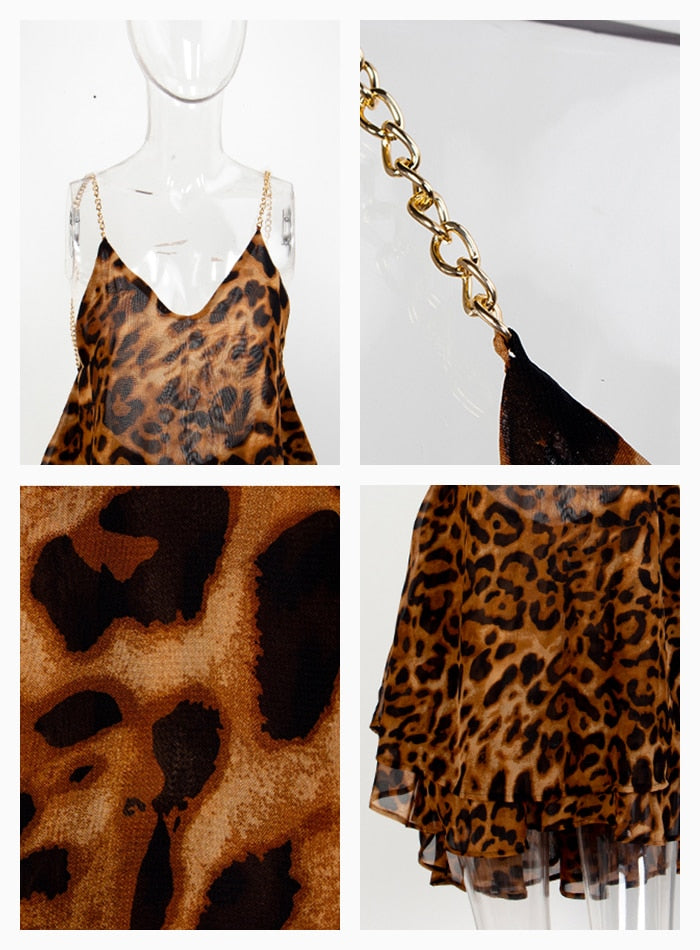 Cadeia de metal de gaze de impressão do leopardo de gola V sexy mulheres de vestido de gala resfolegantes