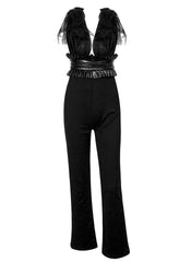 色っぽい黒いＶネック上体メッシュは、女性のために高いウエスト合うものジャンプスーツを結びつけます
