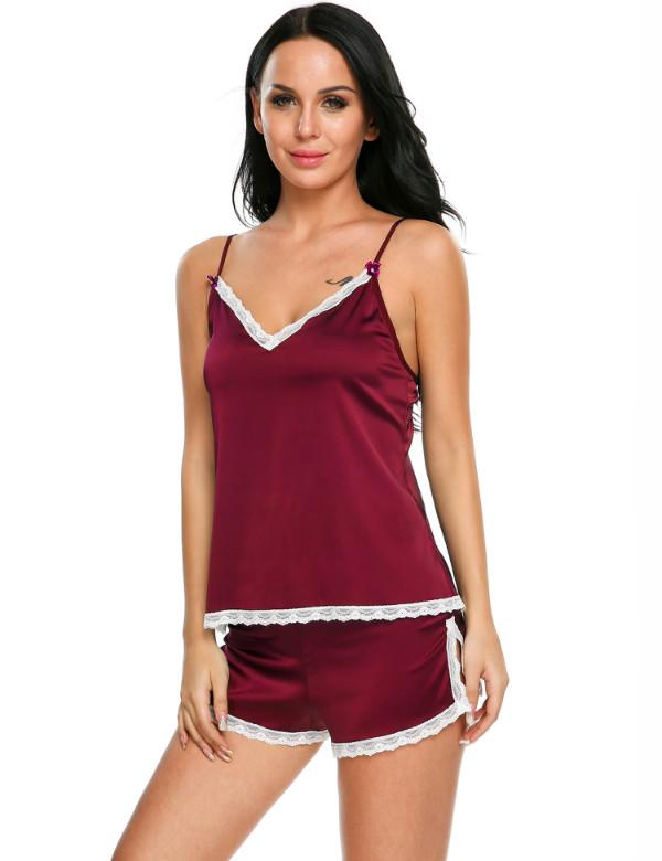 Women V-Neck Sleepwear Satin Pajama Spaghetti Strap Sexy Lace