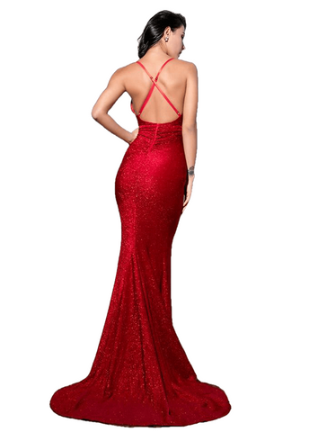Sexy Red Deep V-Neck Cut Cut Bodycon Shiny Elastic Maxi Dress For Ladies