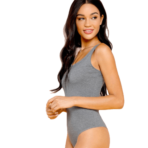 Grey Casual Sexy Heather Tank Solid Square Neck Mid Waist Skinny Bodysuit Summer Women Going Out Bodysuits - Sheseelady