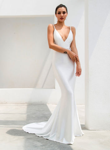 Sexy White Deep V-Neck Open Back Slim Flash Material Long Dress For Ladies