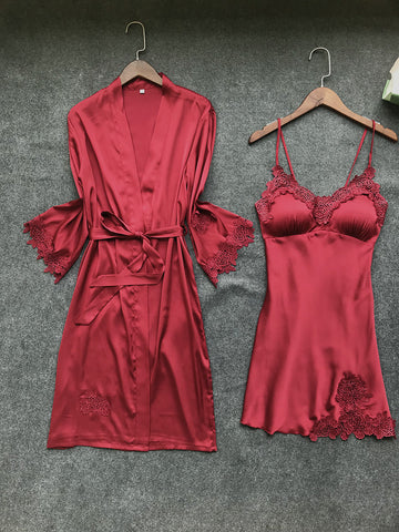 Sexy Women'S Robe & Gown Sets Lace Bathrobe + Night Dress 4 Four Pieces Sleepwear Womens Sleep Set Faux Silk Robe Femme Lingerie