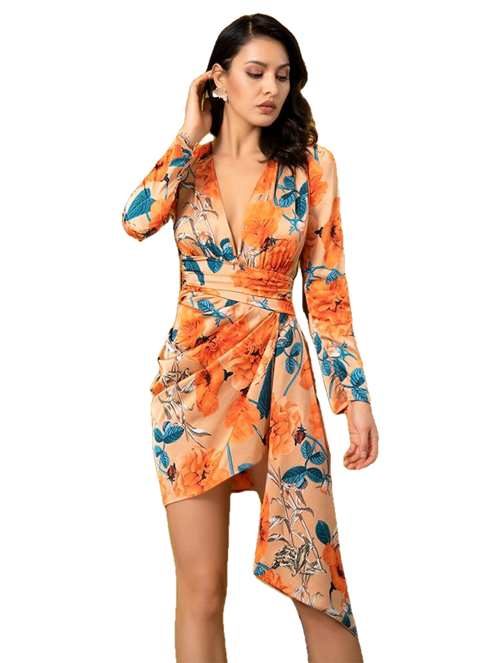 Sexy Deep V-Neck Orange Flower Print Puff Sleeve Ribbon Decoreto Fit Dress Para Mulheres