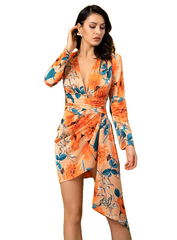 Orange Flower Print Sexy Deep V-Neck Puff Sleeve Ribbon Trim Fit Dress For Women