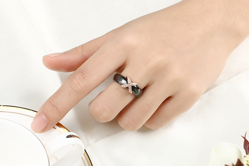 Fashion Jewelry Women Ring With Aaa Crystal 6/8 Mm X Cross Ceramic Rings For Women Men Plus Big Size 10 11 12 Wedding Ring Gift - Sheseelady