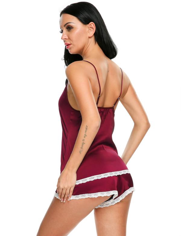Women V-Neck Sleepwear Satin Pajama Spaghetti Strap Sexy Lace