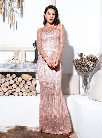 Sexy Bare Gold Round Neck Sheer Back Glitter Glued Fabric Maxi Dress For Ladies