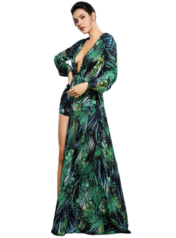Sexy Leaf Print Deep V-neck Long-Sleeved Chiffon Dress For Ladies