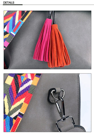 Female Stylish Tassel Trim Scrub PU Crossbody Bags With Colorful Strap
