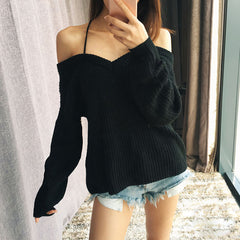 Autumn And Winter Sexy Off Shoulder Backless Cross Solid Color Knitted Sweater - Sheseelady