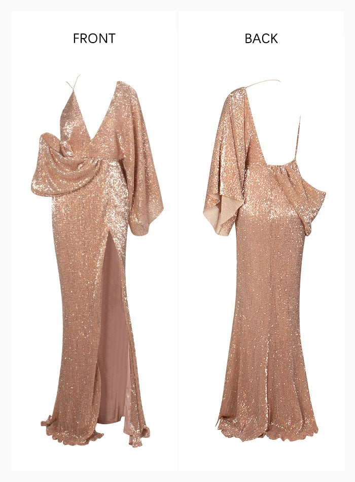 Sexy Rose Gold V-Neck Single Sleeve Sequins Split Party Maxi Dress Outono / Inverno For Ladies