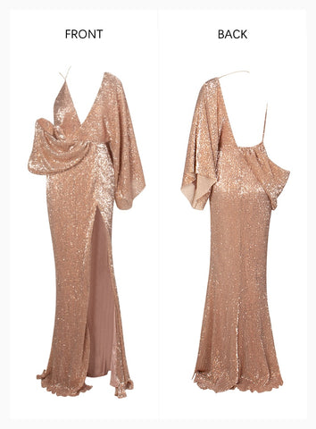 Sexy Rose Gold V-Neck Single Sleeve Sequins Split Party Maxi Dress Outono / Inverno For Ladies
