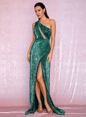 Sexy One Shoulder Cut Out Green Cross Split Sequin Maxi Dress Outono / Inverno Para As Senhoras