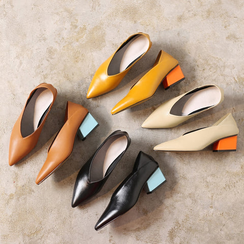 Retro Casual Female Pointed Toe Genuine Leather Mid-Heeled Shoes