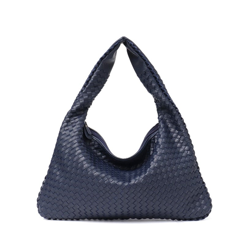 Leather Hobo Bag Handmade Woven Casual Female Handbag Big Capacity Patchwork Zipper Women Shoulder Bags