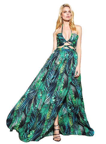 Leaf Print Sexy Cut Out Cross Straps Open Back Beach Maxi Dress For Women