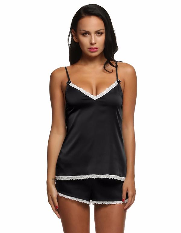 Women V-Neck Sleepwear Satin Pajama Spaghetti Strap Sexy Lace