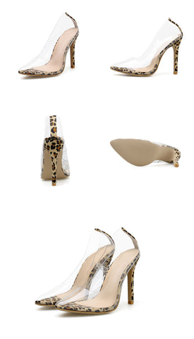 透明Leopard穀物のポンプインヒStilettosハイヒール女性党の靴ナイトクラブポンプのサンダル