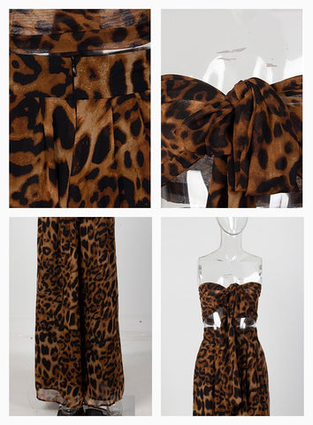 Sexy Ladies' Leopard Print Chiffon Cropped Tank & High Waist Wide Leg Pant Set