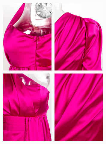 Sexy hot pink one-shoulder puff sleeve ribbon decoração bodycon vestido de festa