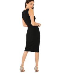 Black Bodycon Elegant Office Ladies Work Wear Dress Women Solid Sleeveless Knee Length Pencil Slim Midi Party Dresses - Sheseelady