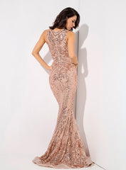 Sexy Deep V-Neck Rose Gold Sequins Mesh Forro Sleeveless Dress For Ladies