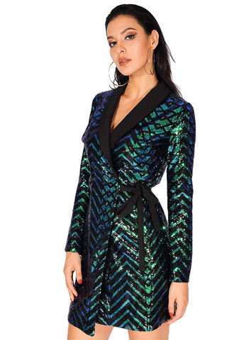 Sexy V-Neck Green Geometry Sequins Cross Banded Party Dress Autumn / hiver pour les dames