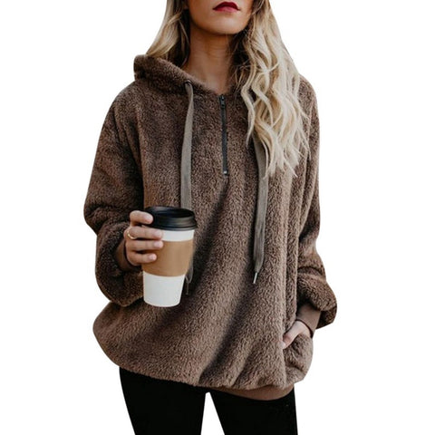 Fleece Long Sleeve Hooded Pullover Sweatshirt Autumn Winter Warm Zipper Pocket Fur Coat For Women