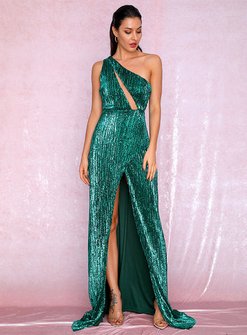Sexy Ladies' One-shoulder Cross Cutout Slit Sequin Maxi Dress For Autumn/Winter Green