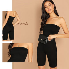 Sweatyrocks Preto Skinny Brilho Tubo Sem Alça Romper Mangas sem Mangas Streetwear Mulheres Bodycon Playsuits e Macacões