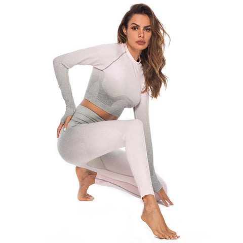 Fashion Fitness Leggings Ombre Seamless Crop Tops For Women Two Piece Set Sportswear Sweatshirt Tracksuit Women Sets - Sheseelady