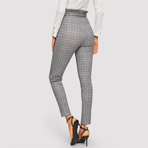 Elegant Grey High Waist Cigarette Pants Trousers With Belt Office Work Long For Women'S