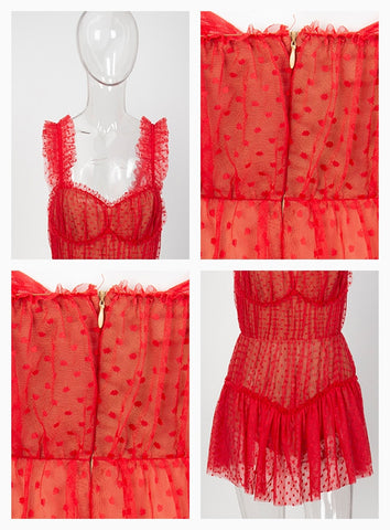 Sexy Red Dot Print Frilled Mesh Playsuit For Ladies