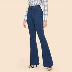 Jeans vintage sólido flare com bainha média cintura fina para mulher