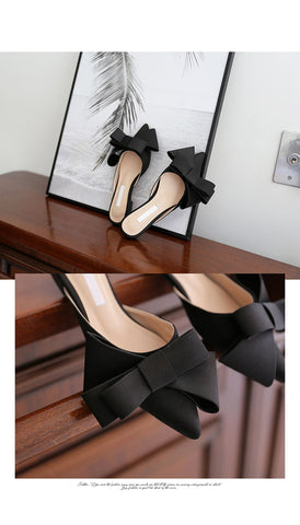 Sapatos femininos chinelos de seda coreana de cetim pontiagudo gravata borboleta Baotou conjuntos de salto plano semi chinelos